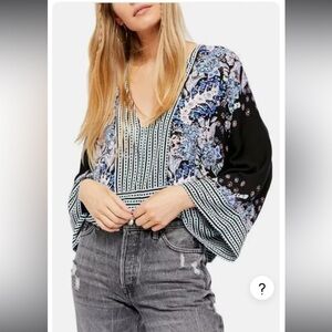 Free People Blouse Top Sz S Long Sleeve Black Mix Print Cropped  100% Viscose